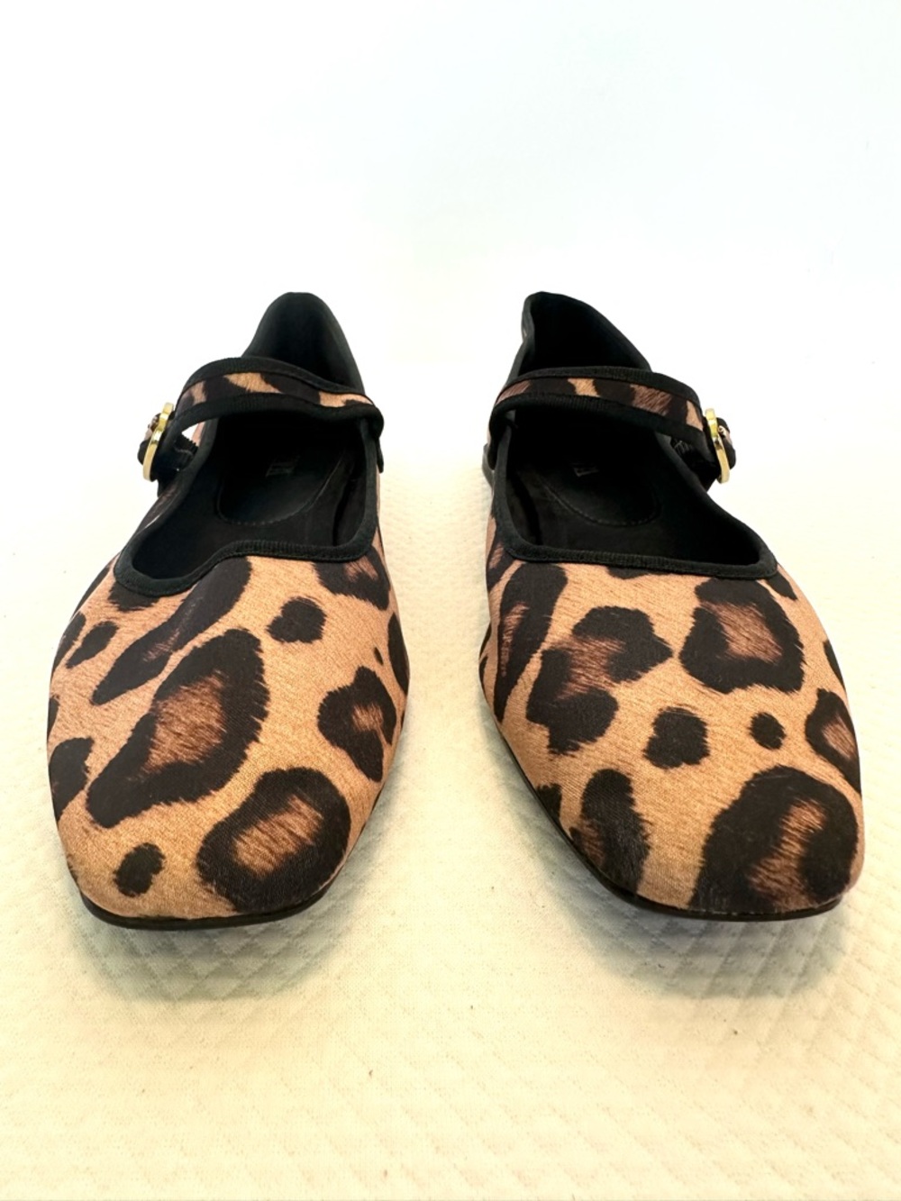 Zara Leopard-Print Mary Jane Ballet Flats in Tan & Black Gold Buckle Satin Like - Picture 2 of 7